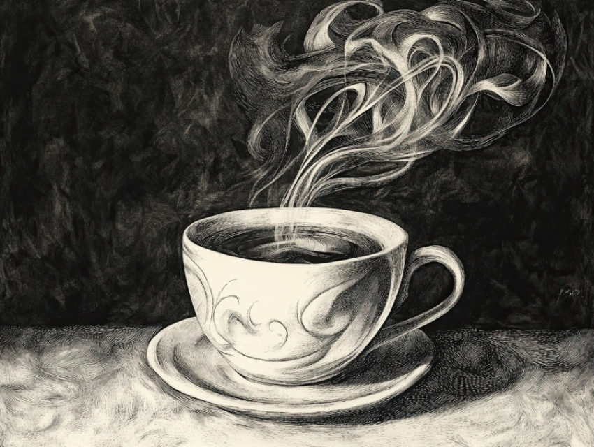 Steaming cup of coffee with rich aroma swirling