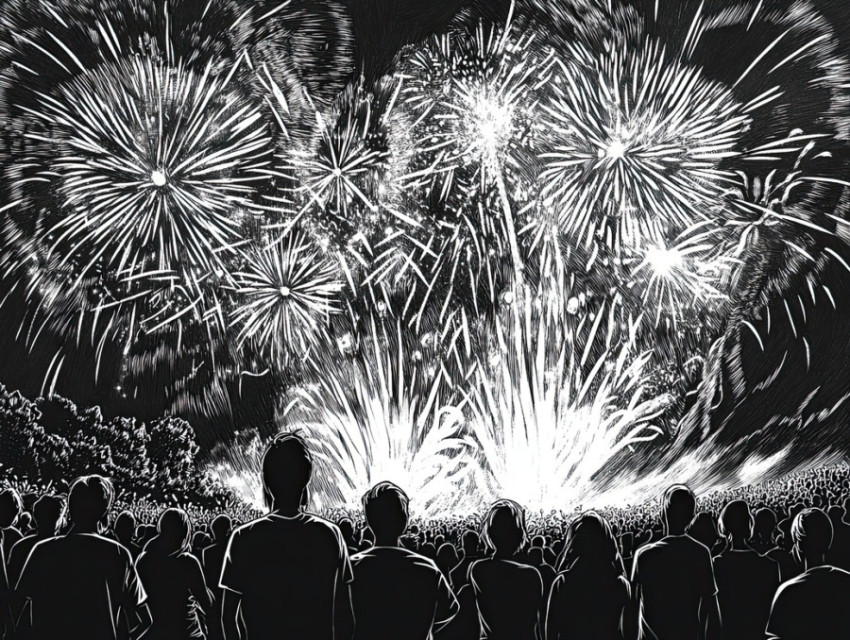 Fireworks exploding in the night sky above a joyful crowd