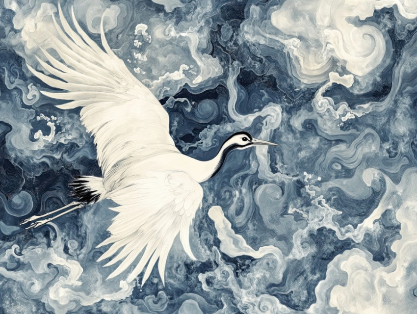 Crane soaring over a misty lake with swirling patterns