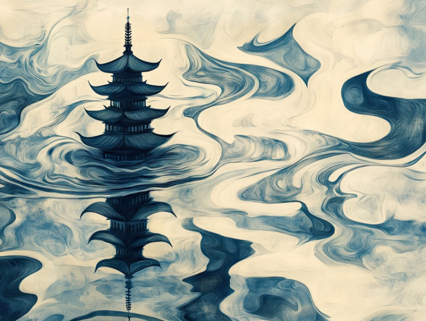 Traditional pagoda reflected in still water with flowing suminagashi patterns