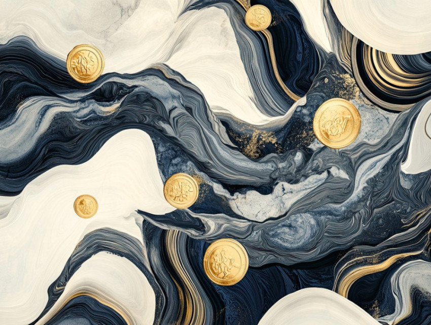 Flowing black ink swirling over golden coins