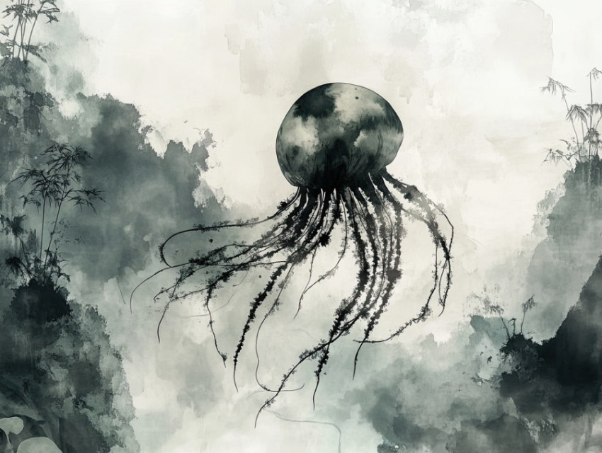 A flowing jellyfish drifts with ink like tentacles