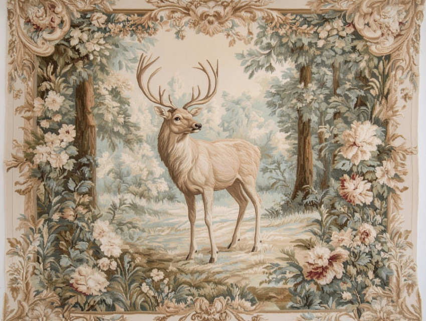 Majestic stag standing in a forest clearing surrounded by lush trees