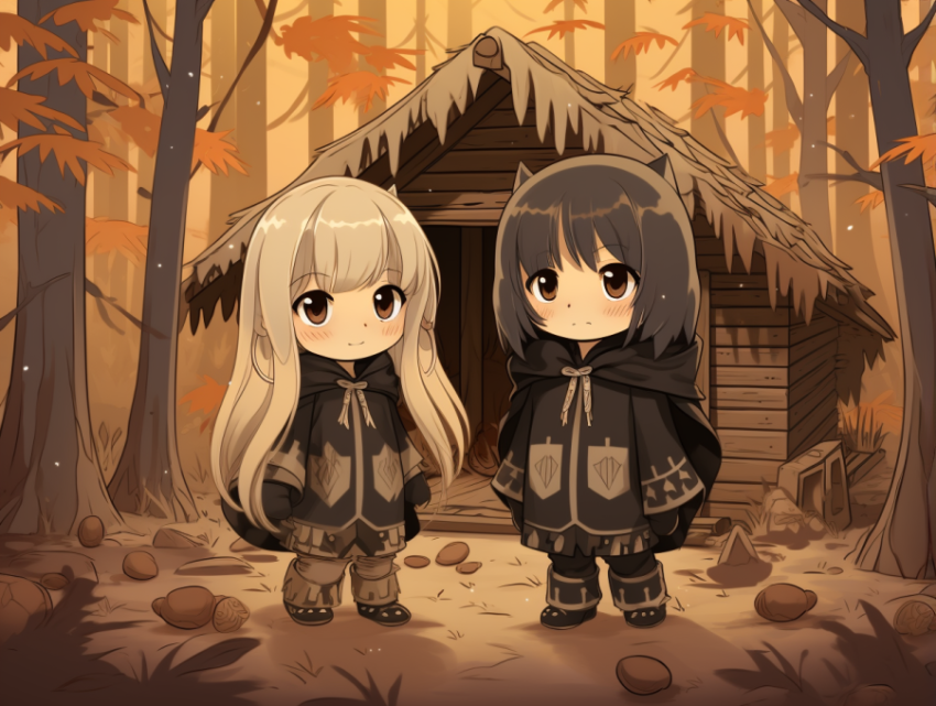 Two anime characters dressed as the forest has a hut on the ground