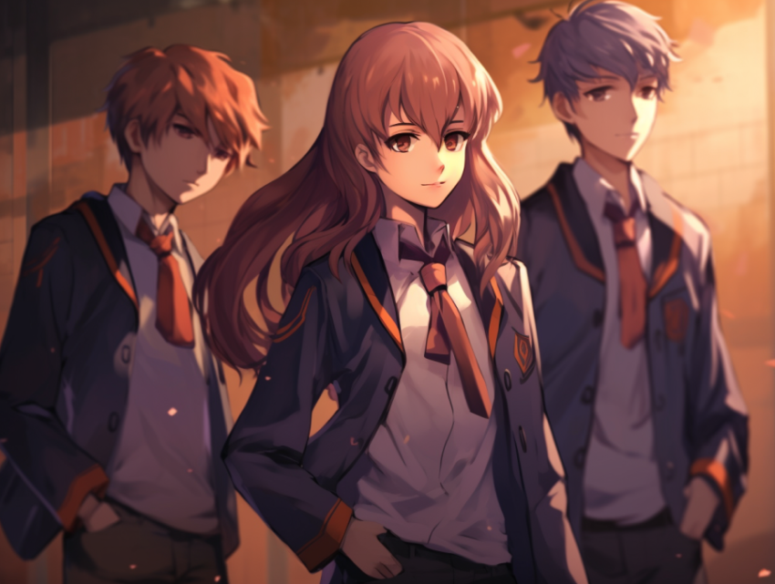 Three anime boys and a girl wearing school uniforms