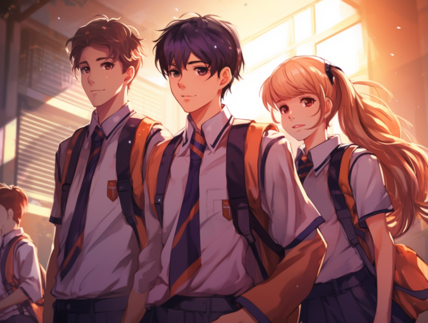 Three anime boys and a girl wearing school uniforms