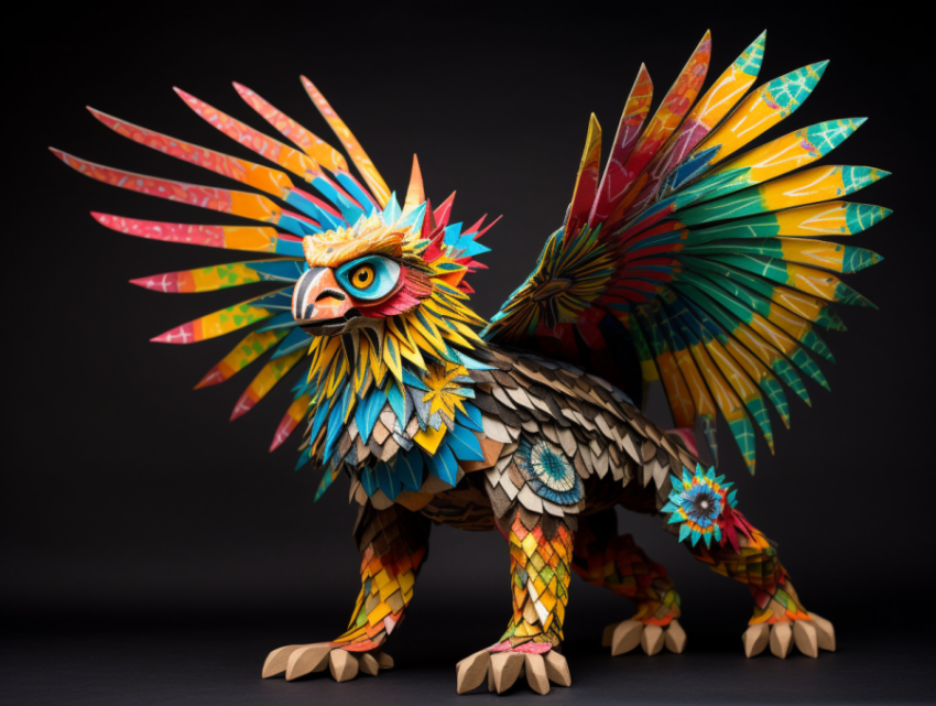 a colorful paper lion with the wings of an eagle and the tail of a fish against a dark background