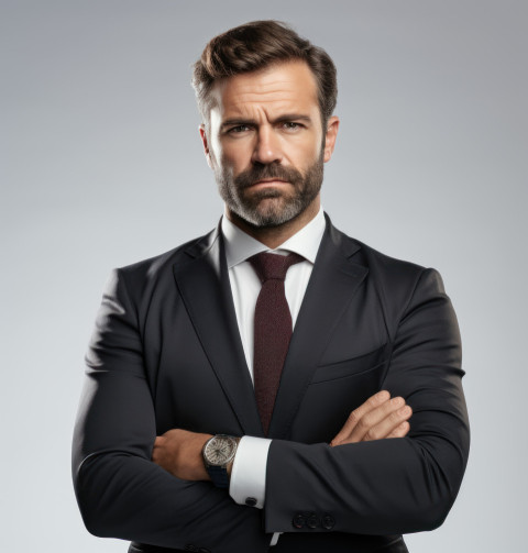 A man in a business suit with folded arms on a white background