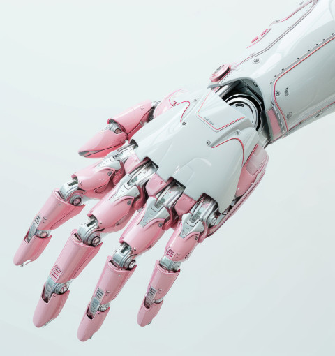 A modern robotic hand presented against a clean white background