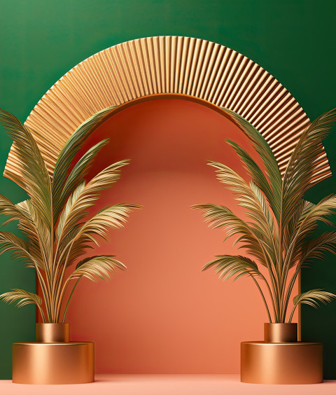 A terracotta shell and palm leaves on a green background