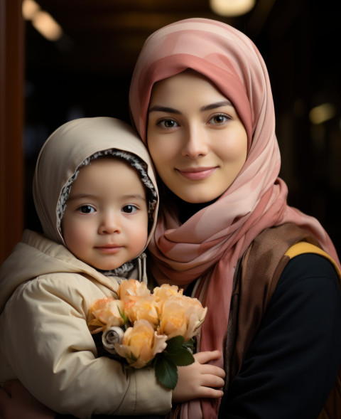 Heartwarming scene of a mother with pink hijab cuddling her adorable baby boy with white hair