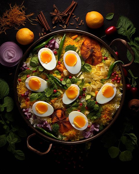 Basmati rice slowly cooked with Masala roasted egg and spices served with yogurt dip