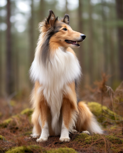 A photo of a shetland sheepdog sitting forest, animal in nature photography