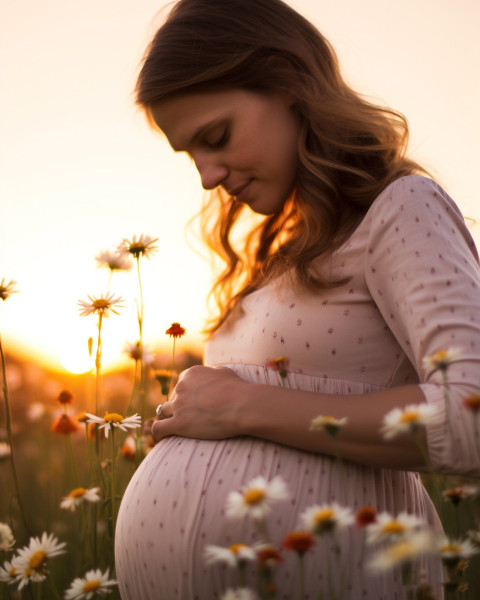 a pregnant woman stands in a field of wildflowers