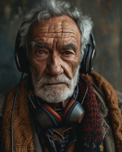 Grandpa enjoying music with headphone