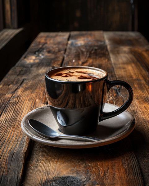 Warm coffee mug placed on a rustic wooden floor