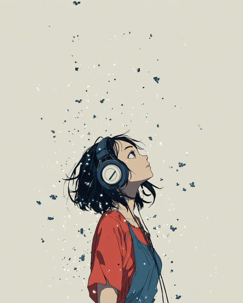 Character wearing headphones watching the starry sky surrounded by fireflies