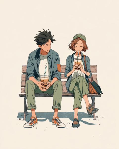 Couple sharing one boba tea on a park bench at sunset