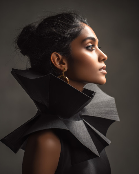 South Asian model in voluminous couture