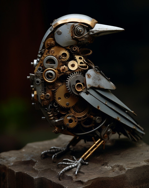 Bird of Steel Perched on Gears