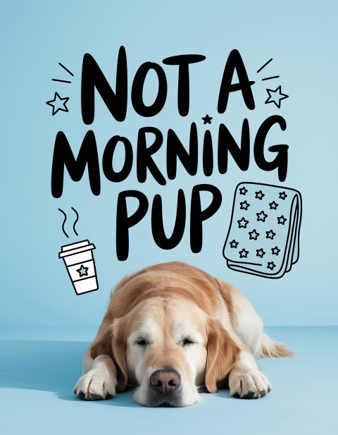 Sleepy golden retriever resting on sky blue background with playful coffee cup and blanket illustrations. fun mixed media portraits with witty text art, ideogram prompts. Sleepy golden retriever resting on sky blue background with playful coffee cup and blanket illustrations. fun mixed media portraits with witty text art, ideogram prompts.