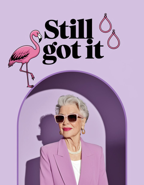 Stylish elderly woman wearing sunglasses posing under lavender purple background with flamingo and earrings doodles. Trendy mixed media portraits with witty text art, ideogram prompts.