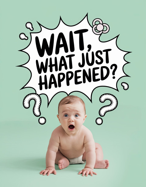 Surprised baby staring wide-eyed at floating pacifier and comic question marks on mint green background. Fresh mixed media portraits with witty text art, ideogram prompts.