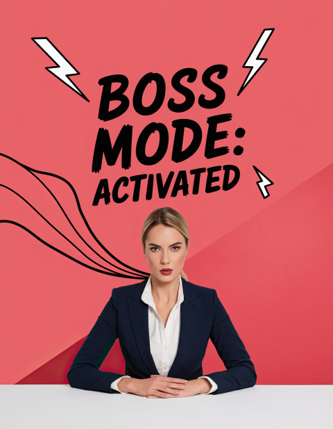 Fierce businesswoman with superhero cape and lightning bolt doodles striking a pose on coral red background. Empowering mixed media portraits with witty text art, ideogram prompts.