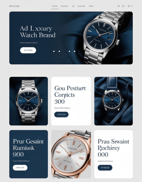 Luxury watch banner in deep blue and silver with elegant serif font