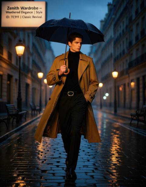 Man in camel trench coat and black turtleneck walking rainy Paris street at dusk with umbrella and glowing lamps Man in camel trench coat and black turtleneck walking rainy Paris street at dusk with umbrella and glowing lamps