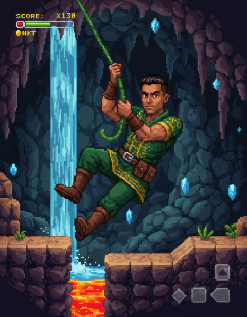 Adventurer swinging on vines inside pixel cave Adventurer swinging on vines inside pixel cave