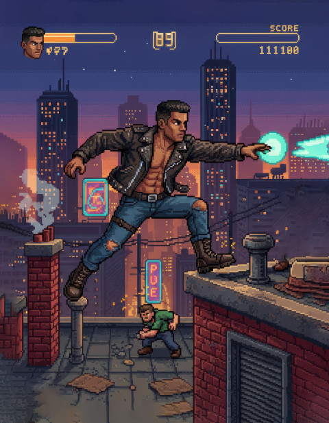 Pixel fighter on retro city rooftop throwing projectiles Pixel fighter on retro city rooftop throwing projectiles
