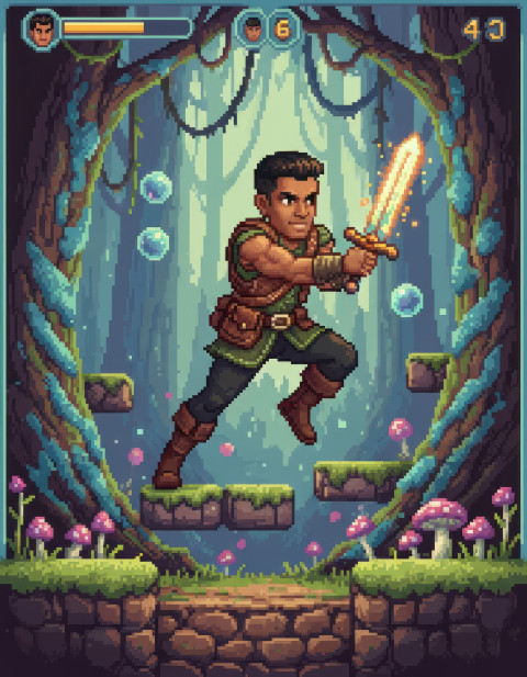 Fantasy fighter swinging sword in enchanted retro forest Fantasy fighter swinging sword in enchanted retro forest