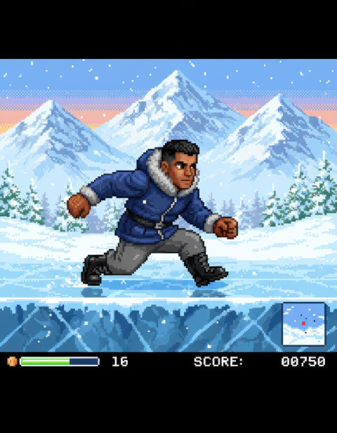 Explorer sliding on ice across snowy retro mountain Explorer sliding on ice across snowy retro mountain