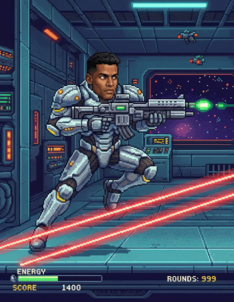 Futuristic warrior jumping lasers inside space station Futuristic warrior jumping lasers inside space station