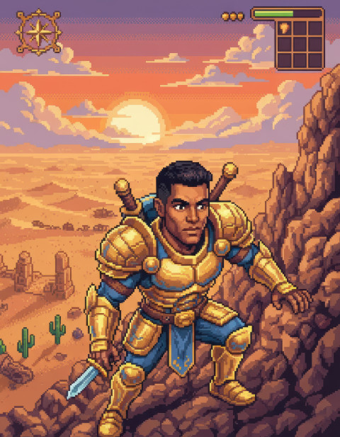 Heroic warrior climbing a mountain in a desert pixel world Heroic warrior climbing a mountain in a desert pixel world