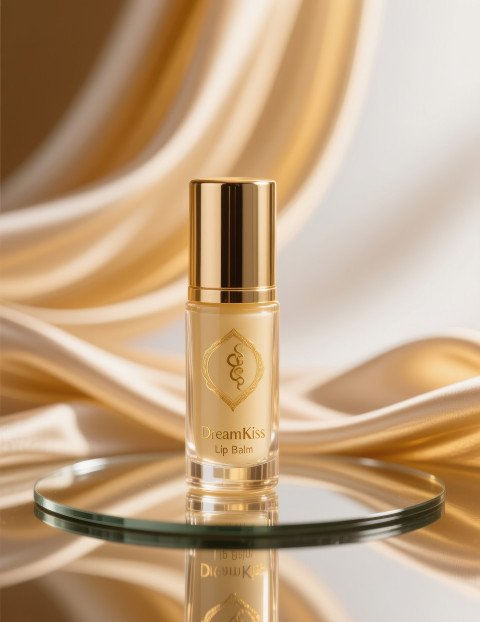 Elegant hair serum bottle on mirror base with golden silk flowing behind Elegant hair serum bottle on mirror base with golden silk flowing behind