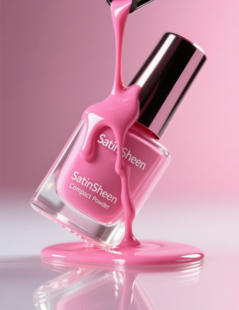 Glossy nail polish bottle tilted mid pour with pink lacquer dripping on glass Glossy nail polish bottle tilted mid pour with pink lacquer dripping on glass