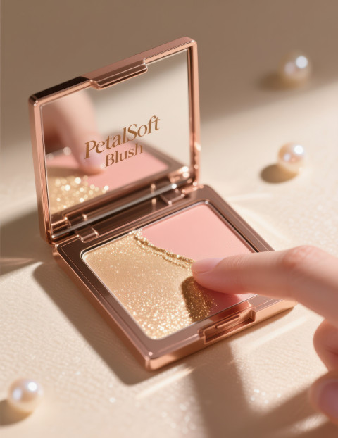 Open highlighter palette with shimmering champagne swatch on finger Open highlighter palette with shimmering champagne swatch on finger