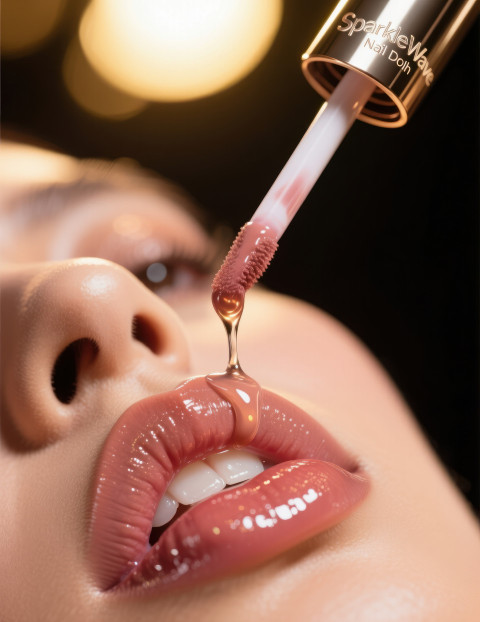Lip gloss wand above glossy lips with crystal drop about to fall Lip gloss wand above glossy lips with crystal drop about to fall