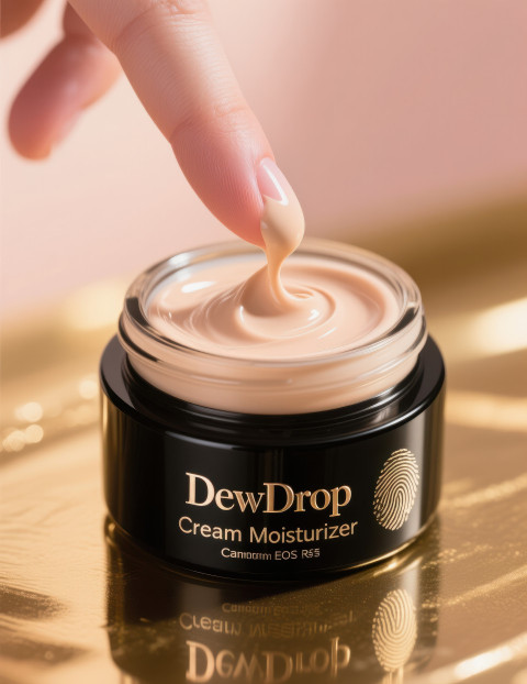 Open cream foundation jar with smooth swirl from fingertip Open cream foundation jar with smooth swirl from fingertip