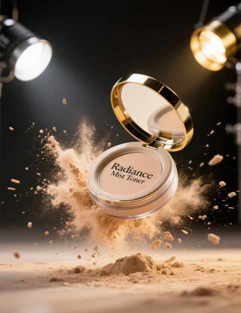 Compact face powder mid air with dramatic golden powder explosion over dark background Compact face powder mid air with dramatic golden powder explosion over dark background