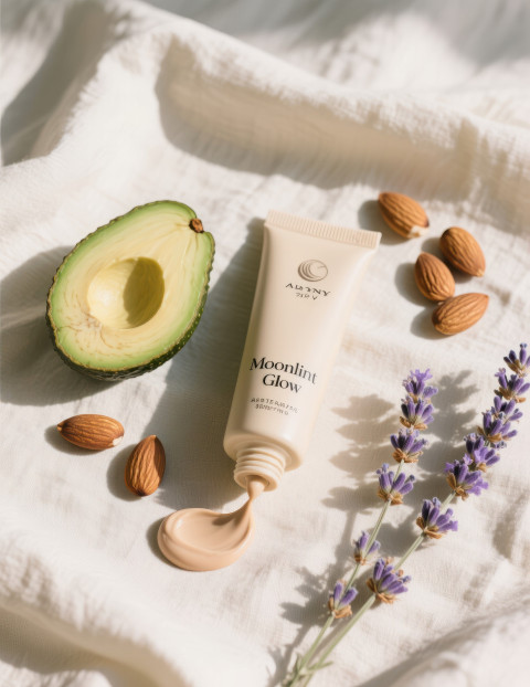 Tinted moisturizer tube in flat lay with avocado Tinted moisturizer tube in flat lay with avocado