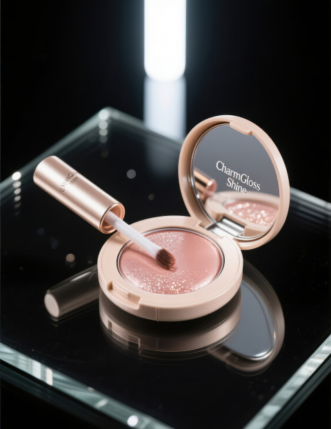 Open makeup highlighter compact on clear glass with shimmering strokes under spotlight Open makeup highlighter compact on clear glass with shimmering strokes under spotlight