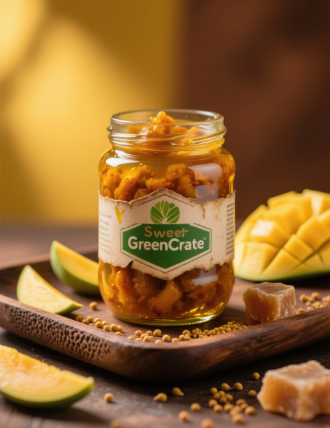 Mango pickle jar on wooden tray with mango slices mustard seeds and jaggery Mango pickle jar on wooden tray with mango slices mustard seeds and jaggery