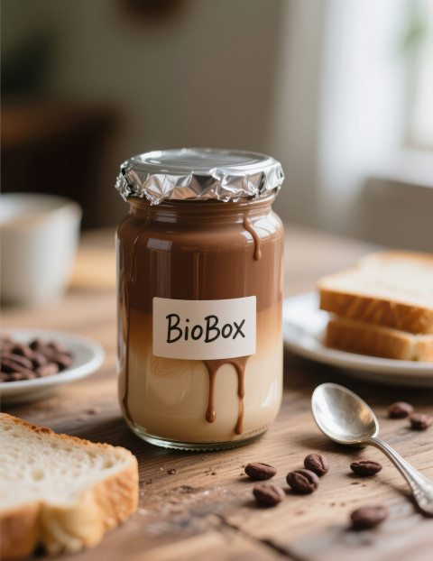 Glass jar on wooden table with bread spoon and cocoa beans nearby swirl inside jar and cocoa drips create rich comforting feel Glass jar on wooden table with bread spoon and cocoa beans nearby swirl inside jar and cocoa drips create rich comforting feel