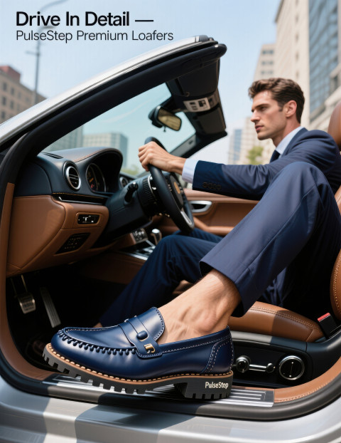 Male model driving a sports car in navy loafers with rubber sole nubs Male model driving a sports car in navy loafers with rubber sole nubs