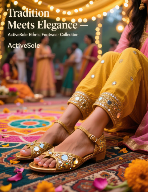 Woman seated cross legged in golden kolhapuri sandals with mirror work on festive rug Woman seated cross legged in golden kolhapuri sandals with mirror work on festive rug
