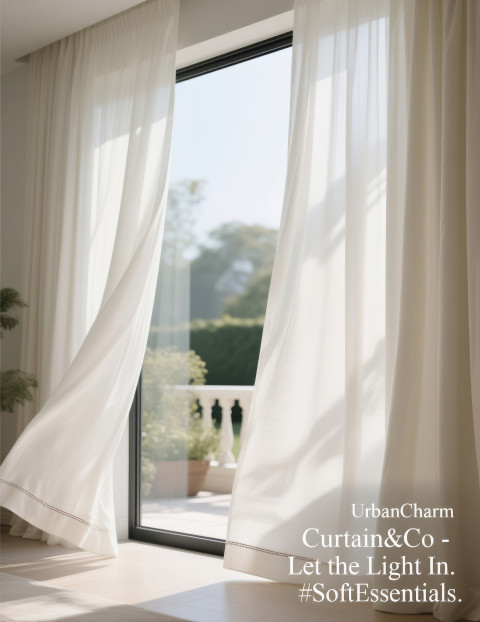 Soft ivory curtains flowing over wide window with morning light and garden view Soft ivory curtains flowing over wide window with morning light and garden view