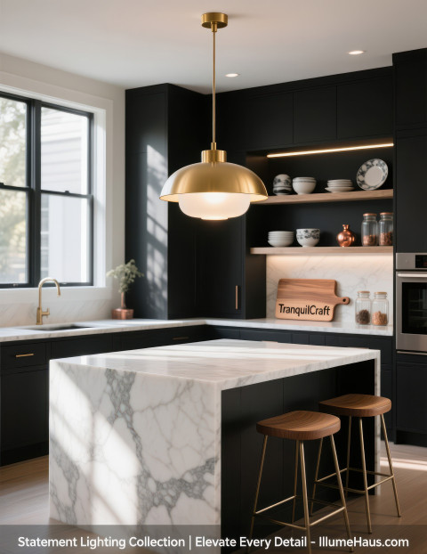 Gold pendant light glowing above marble island with black cabinets and open shelves in modern kitchen Gold pendant light glowing above marble island with black cabinets and open shelves in modern kitchen